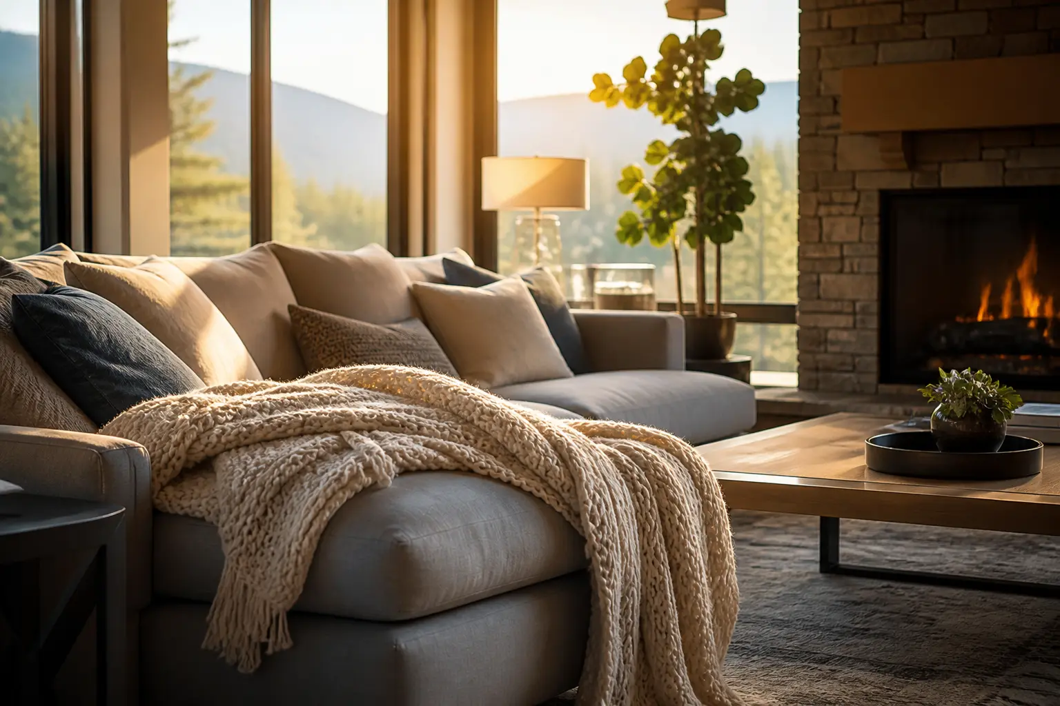 A warm, comfortable living room with a lit fireplace on a cold day