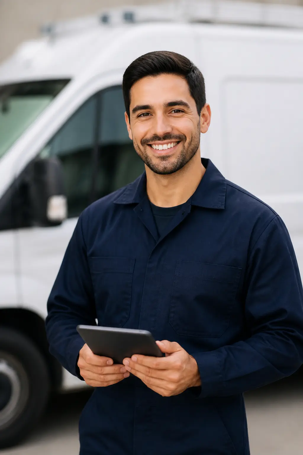 Smiling Northwind HVAC technician holding a tablet in front of a service van